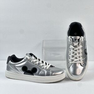 Disney Mickey Mouse Sneakers Shoes Womens Size 7 Silver Black Lace Up Tie Casual